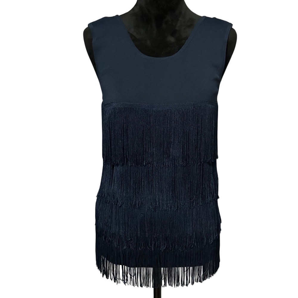 Women's Fringe Tank‎ Top Medium Navy Blue Layered Tassel Sleeveless